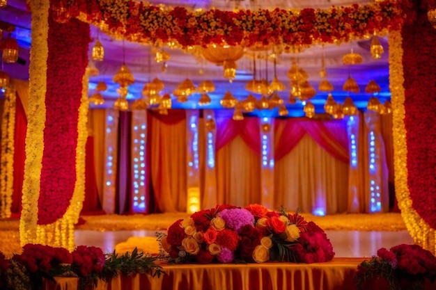 Um palco com flores e um palco com um palco grande com um palcão grande com um lar