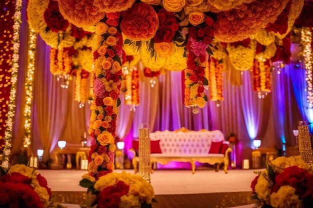 Um palco com flores e um palco com um sofá branco e uma mesa com um pano de mesa branco com flor