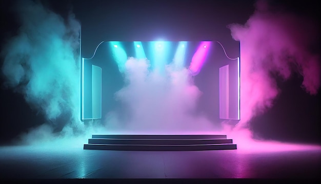 Um palco com fumaça e luzes em azul e rosa