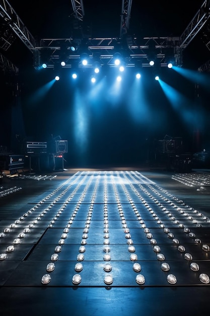 Um palco com luzes acesas e um palco azul com um palco ao fundo