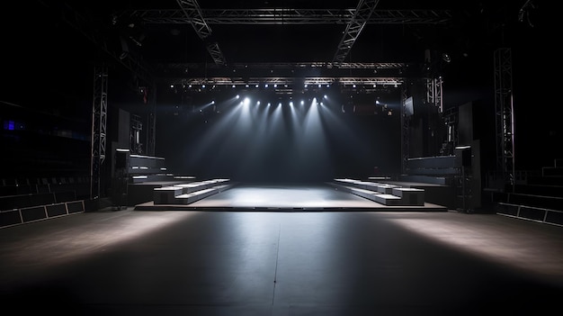 Um palco com luzes acesas e um palco com fundo preto.