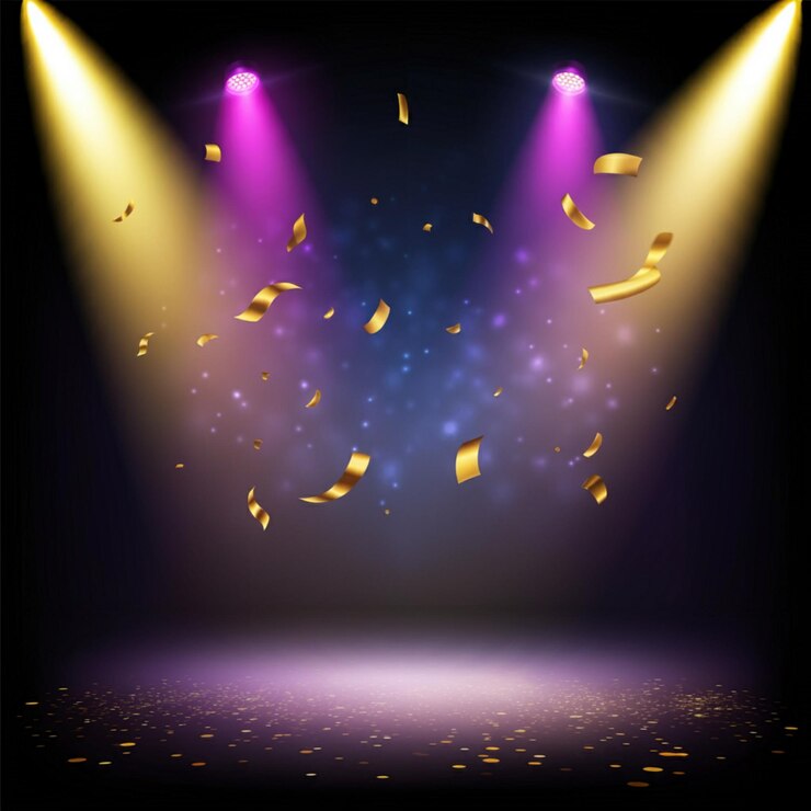 Foto um palco com luzes amarelas e roxas e um palco com um bando de borboletas amarelas voando