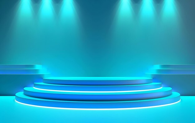 um palco com luzes azuis e um fundo azul