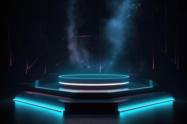 Um palco com luzes neon e um pódio no meio