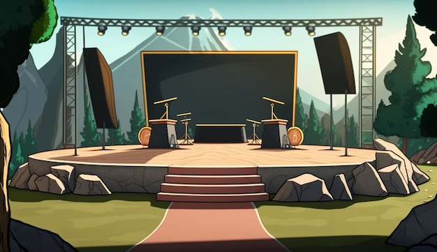 Foto um palco com tela para um filme chamado telão.