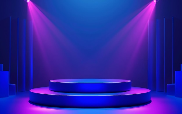 um palco com um fundo roxo com uma luz roxa e um fundo azul