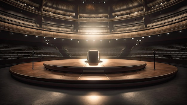 Um palco com um grande auditório vazio e uma luz de cima.