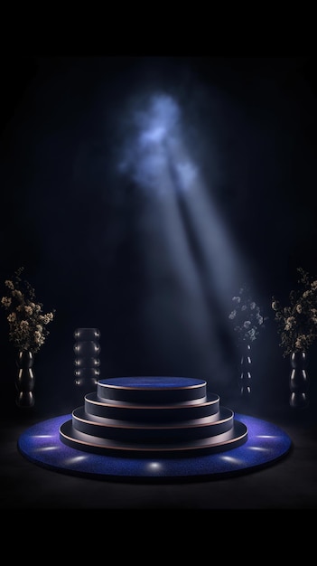 Um palco com um holofote e um fundo azul com uma luz branca.