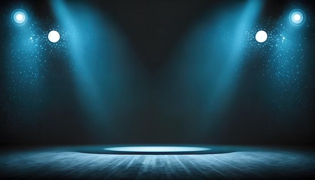 Um palco com um holofote iluminado com luzes azuis.