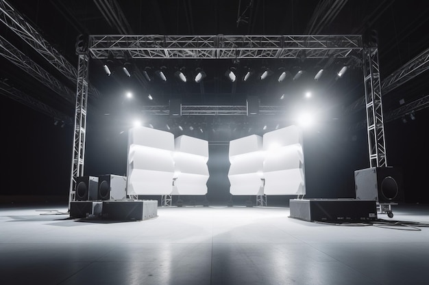 Um palco com um palco branco e um palco branco com um palco que diz 'a palavra música' nele