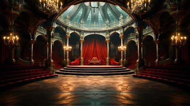 Um palco com um teatro vermelho e um palco