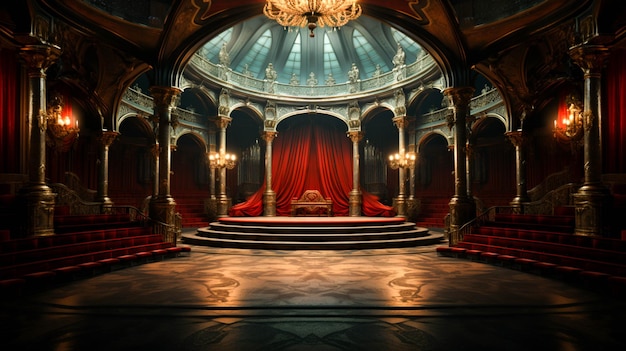 Um palco com um teatro vermelho e um palco