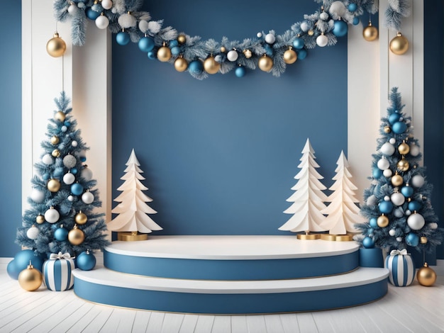 um palco com uma árvore de Natal e presentes nele