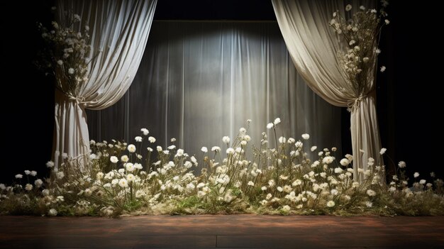 Um palco com uma cortina que diz 'flores brancas'