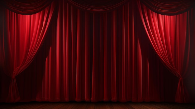 Um palco com uma cortina vermelha e um chão de madeira