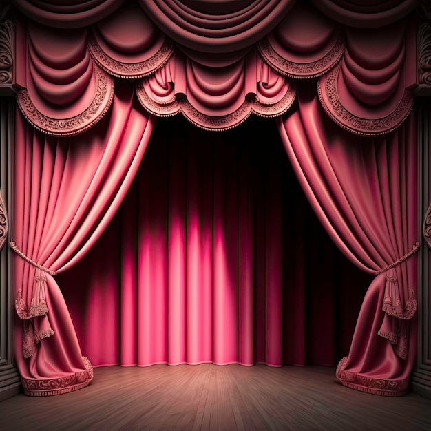Um palco com uma cortina vermelha e um desenho de rolagem.