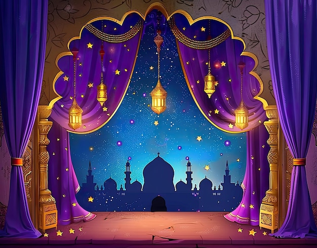 um palco com uma imagem de uma mesquita e uma mesquita nele
