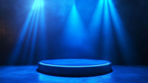 um palco com uma plataforma redonda sobre ele que diz o palco pódio azul com iluminação em fundo azul