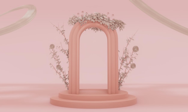 Um palco cor-de-rosa com arco redondo e flores.