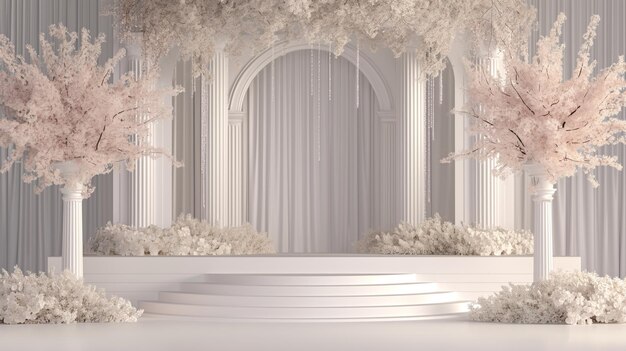 Um palco de casamento etéreo com arranjos florais cor-de-rosa em cascata e cortinas drapadas criando uma cena mágica e romântica para um dia especial