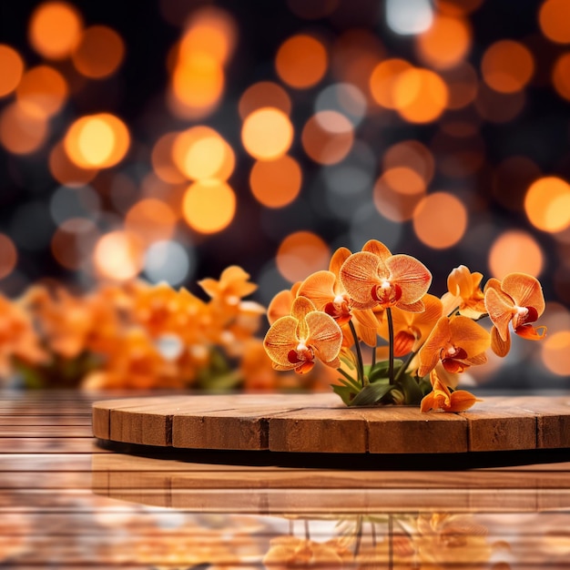 Um palco de pódio de madeira com flores de laranja