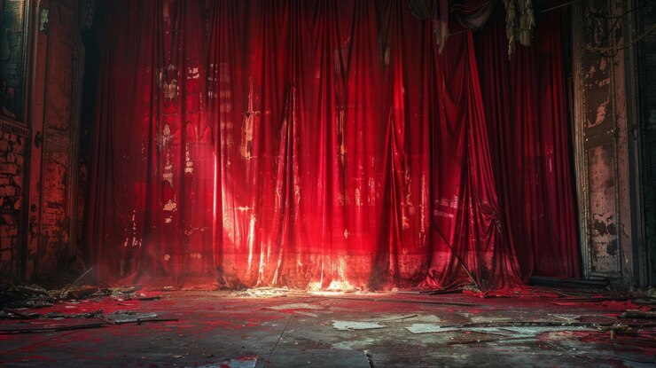 Foto um palco de teatro abandonado com cortinas vermelhas e escombros espalhados em um local urbano vazio