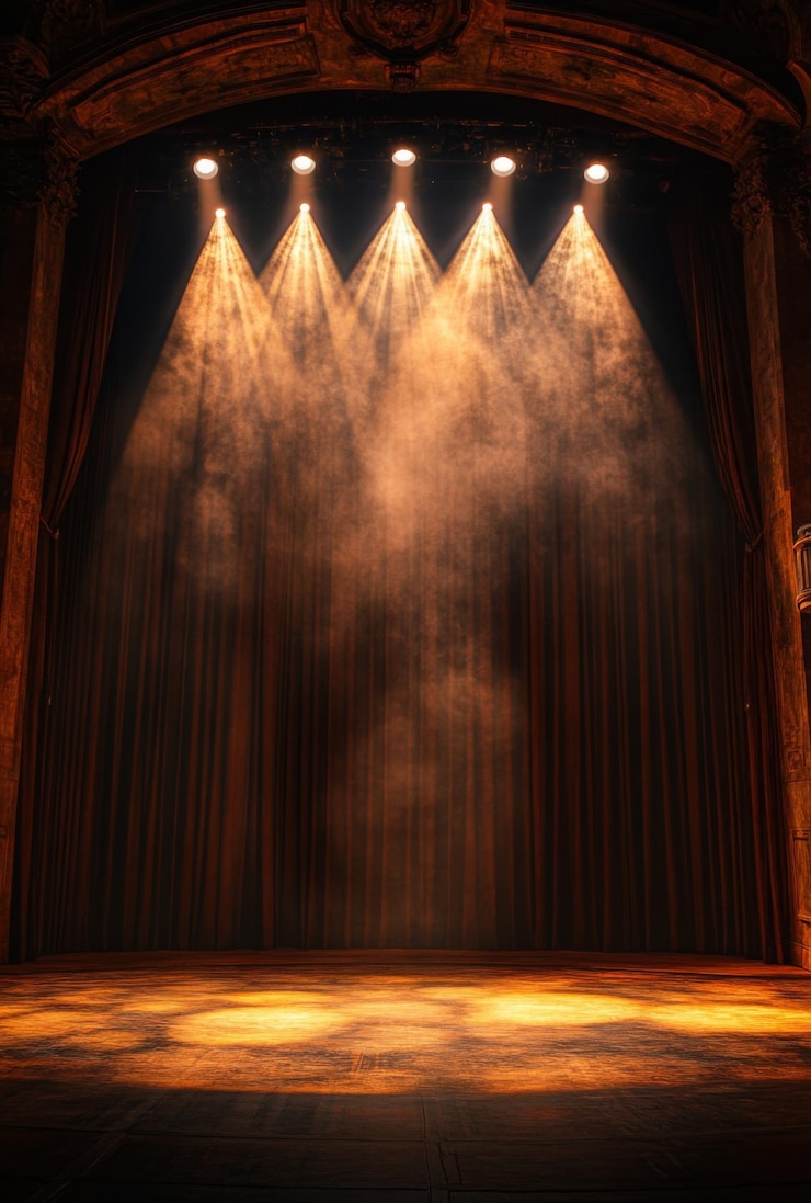 Foto um palco de teatro com ricas cortinas escuras iluminadas por spotlights de cima lançando padrões intrincados de luz e sombra em toda a cena