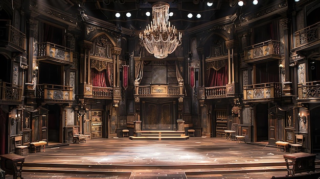 Foto um palco de teatro ornamentado com um grande arco de proscênio e uma varanda o palco é iluminado por um único holofote