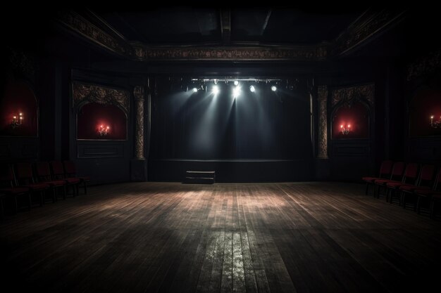 Um palco de teatro vazio e sombrio com um único spotlight criado com AI generativa