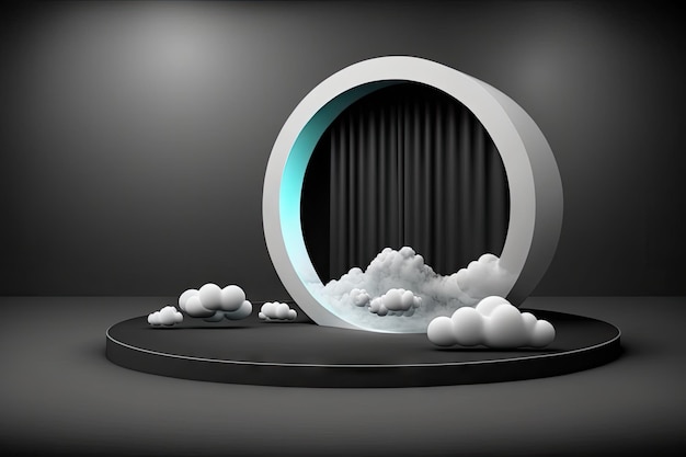 Um palco em branco futurista, uma sala preta reflexiva com uma nuvem e um círculo iluminado por neon
