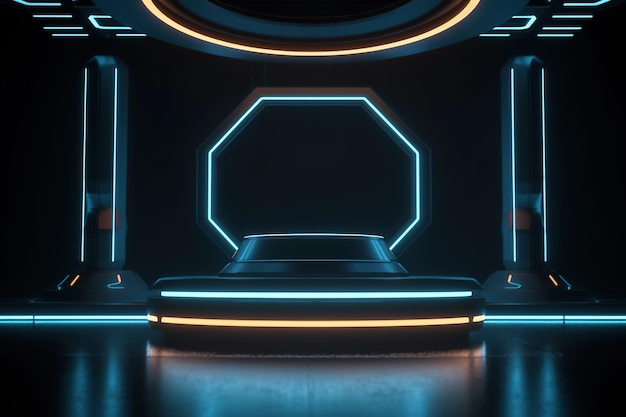 Um palco futurista com luzes neon e uma caixa azul.