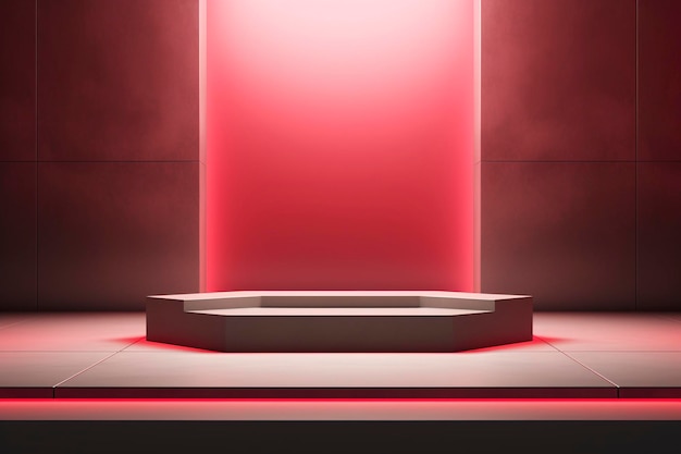 Um palco impressionante está colocado em frente a um fundo vermelho