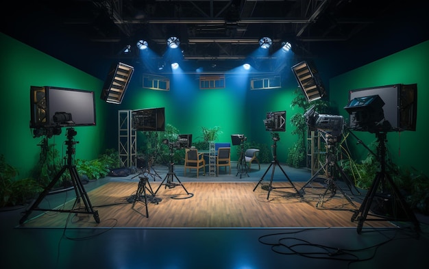Foto um palco mal iluminado com uma parede verde e um piso de madeira generativo ai