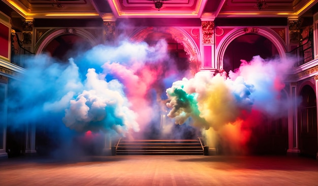 Um palco teatral com fumaça colorida ao fundo