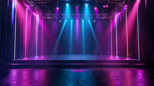 Um palco vazio com iluminação rosa e azul O palco é feito de madeira e tem uma superfície refletora brilhante O fundo é de cor roxa escura