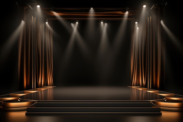 Um palco vazio com spotlights brilhantes brilhando sobre ele