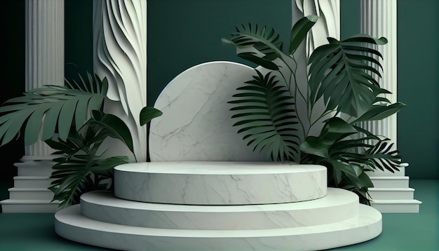 Um palco verde e branco com um pedestal branco e uma planta verde no meio.