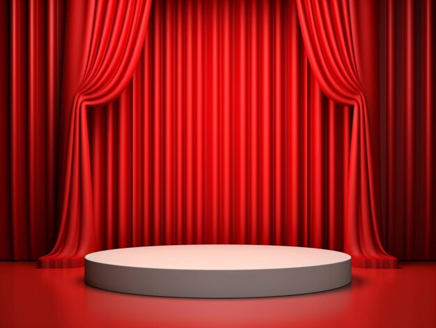 Foto um palco vermelho com um pódio branco e cortinas vermelhas