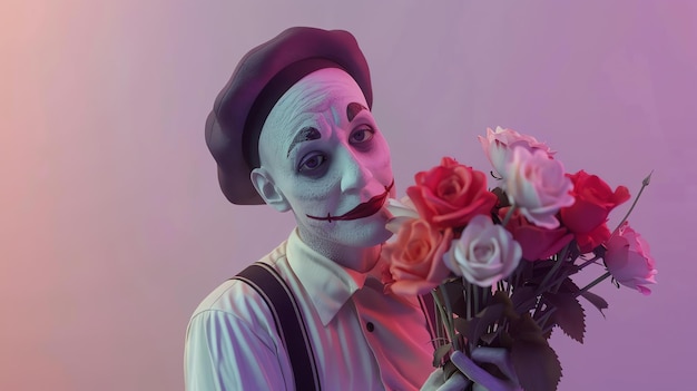 Foto um palhaço com um rosto pintado e uma boina segura um buquê de rosas os olhos dos palhaços estão tristes e as rosas estão murchas