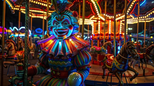 Foto um palhaço robô de cores brilhantes com aberturas de vapor fazendo malabarismo com bolas iluminadas a neon em um carrossel steampunk