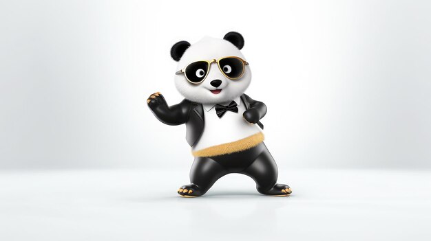 Um panda a dançar salsa ao estilo de desenho animado.