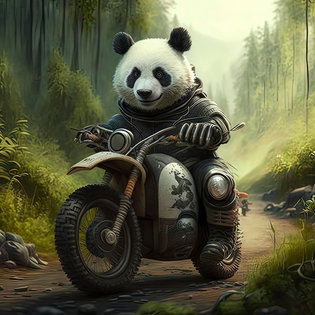 Um panda andando de moto com um dragão.