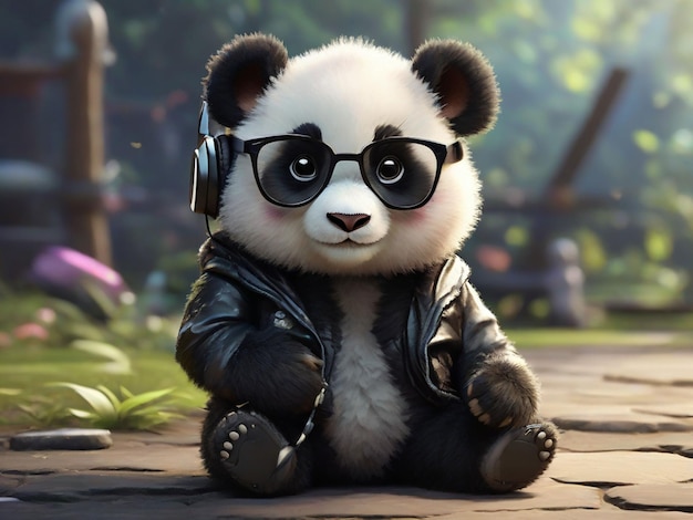 um panda bebê de desenho animado vestindo uma jaqueta de couro preta