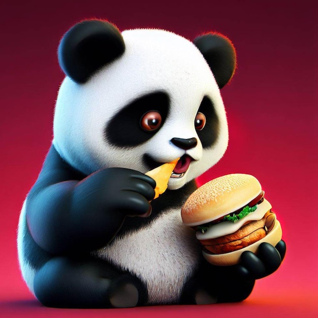 Um panda bonito a comer um hambúrguer.