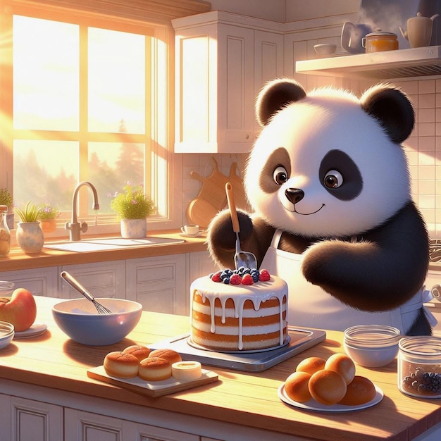 Um panda bonito a cozinhar um bolo.