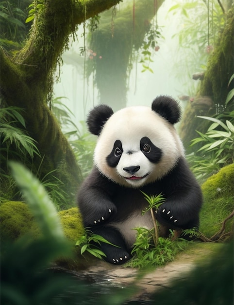 Um panda bonito a desfrutar na selva.