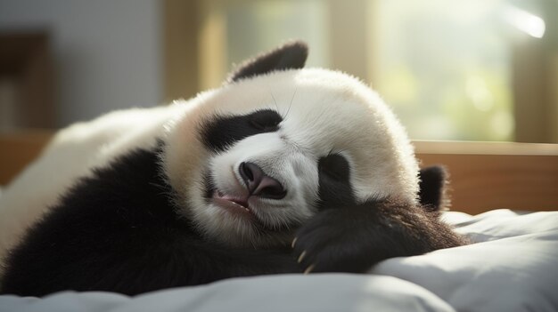 Um panda bonito e feliz a dormir num berço branco à luz da manhã em frente à janela.