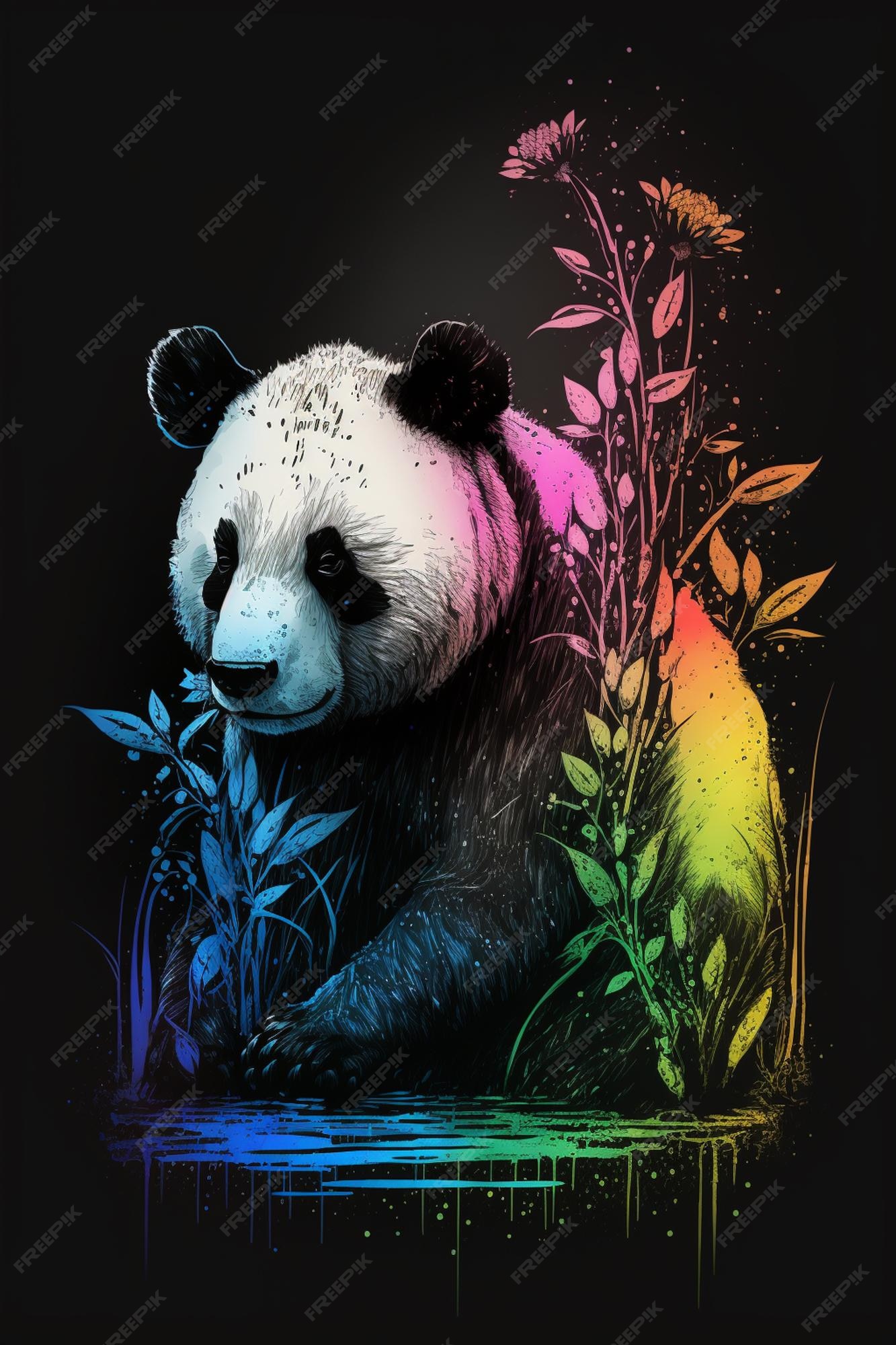 Urso Panda Desenhado à Mão Com Arco-íris Desenho De Impressão Em