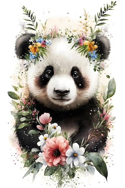 Um panda com flores na cabeça