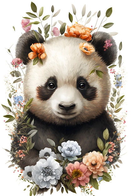 Um panda com flores nele
